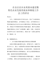 在全区农田水利基本建设暨特色农业发展再就业和维稳工作会上的讲话